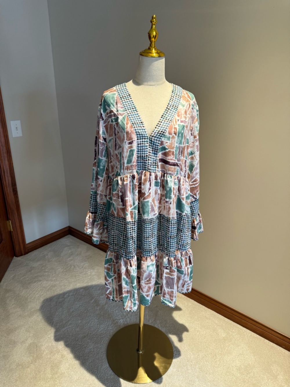 entro Teal & Brown Mixed-Print Tiered Mini Dress